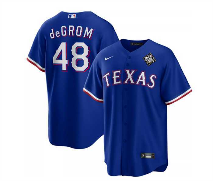 Men%27s Texas Rangers #48 Jacob DeGrom Royal 2023 World Series Cool Base Stitched Baseball Jersey Dzhi